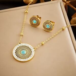 New Stainless Steel Gold Mandala Necklace&Stud Earrings Set with Turquoise Stone